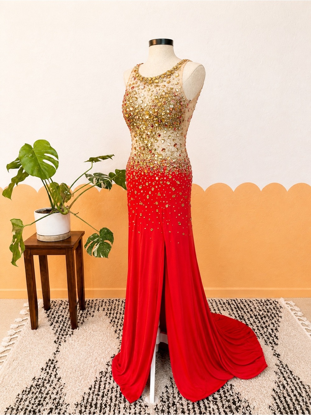 JVN by Jovani Red and Gold Embellished Gown